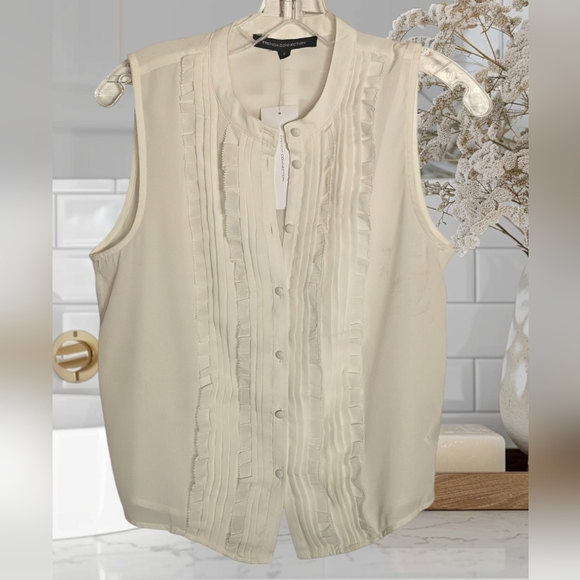 French Connection Cream Mandarin Collar w/ Button Down Ruffle Sleeveless Blouse - Picture 1 of 12